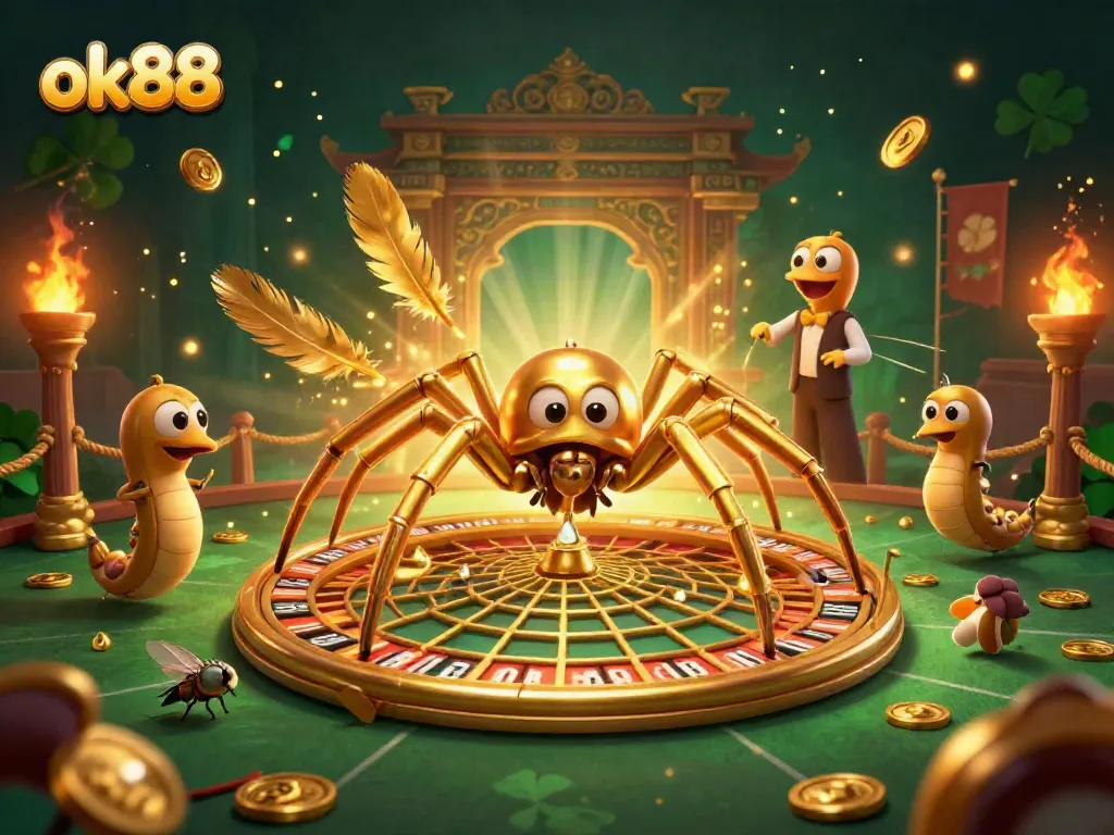 Experience ultimate gaming excitement with OK88 in this dynamic casino scene featuring a roulette wheel web.