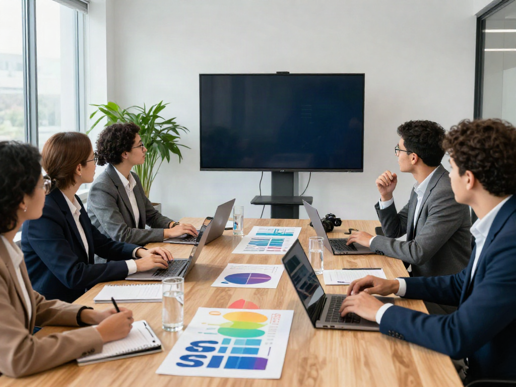 Team collaboration discussing banorte empresas strategies in a modern office.
