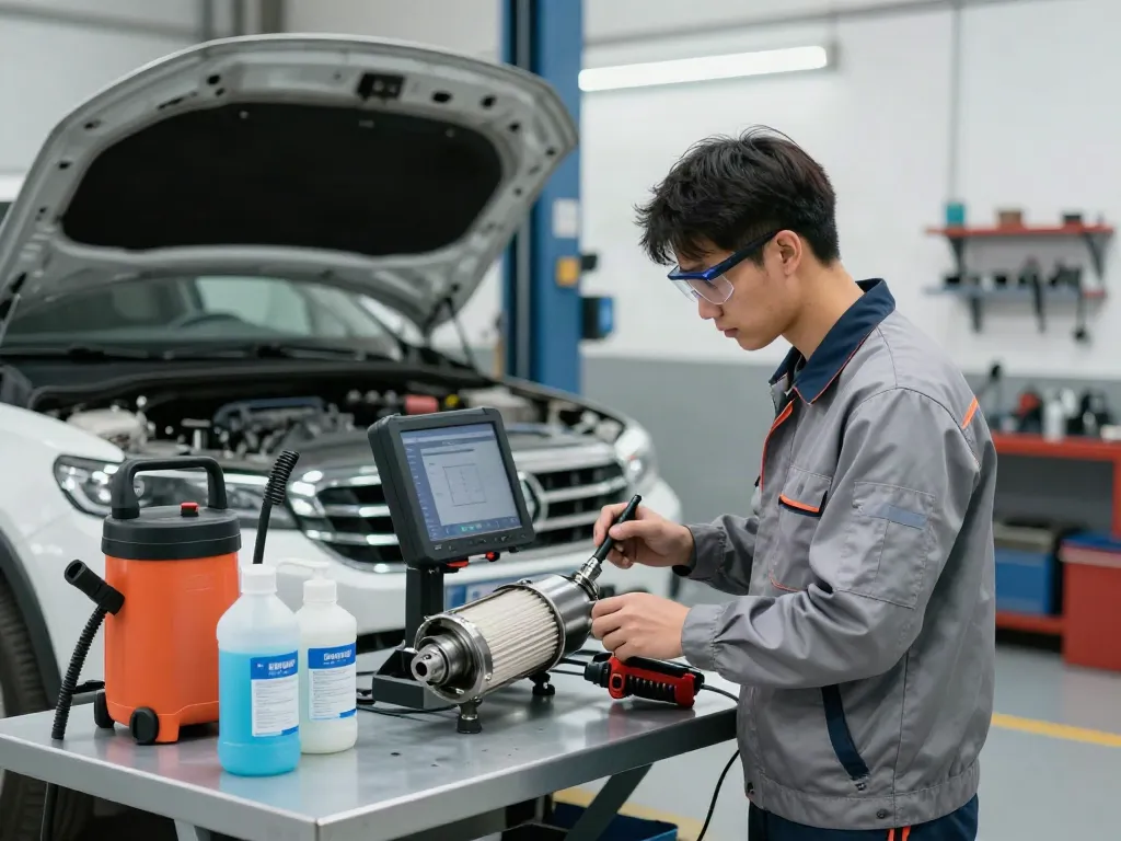 Professionelle DPF Reinigung Hannover durch Techniker in Werkstatt.
