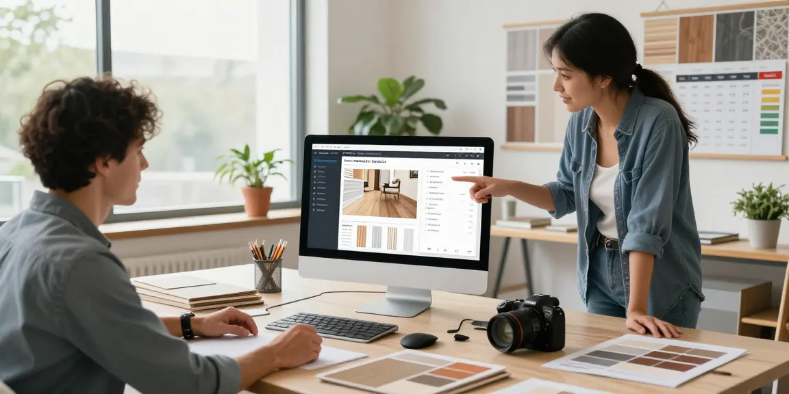 Professional team using flooring software in a design studio with samples and color swatches