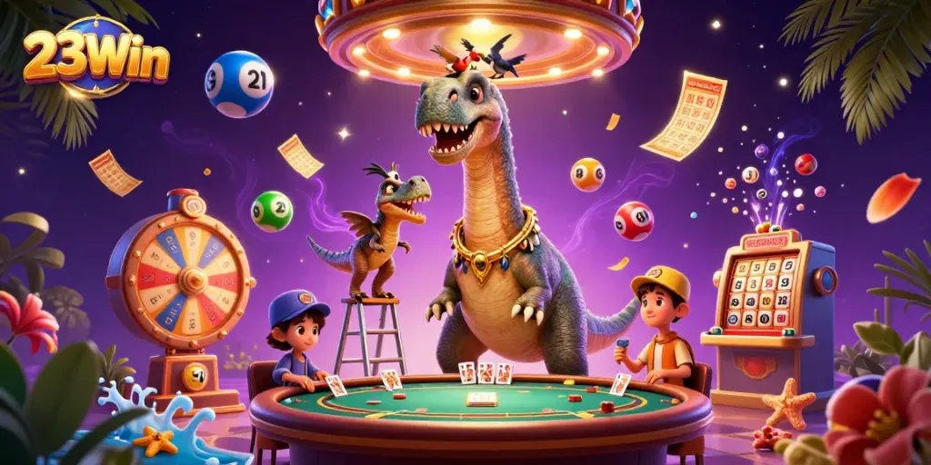 Engage with 23Win's vibrant casino scene featuring dynamic gaming elements and whimsical characters.