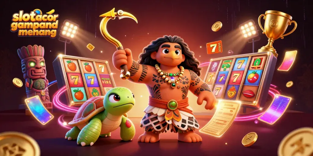 Slot gacor gampang menang dengan gambar ilustrasi mendetail karakter luar biasa yang bermain slot.