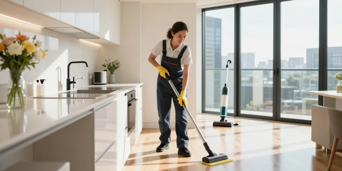 End of lease cleaning in Melbourne, showcasing a professional cleaner diligently tidying a bright kitchen.