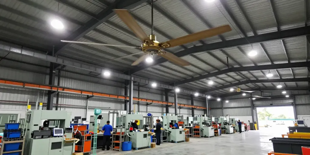 Quạt công nghiệp hoạt động hiệu quả trong nhà kho với công nhân làm việc xung quanh
