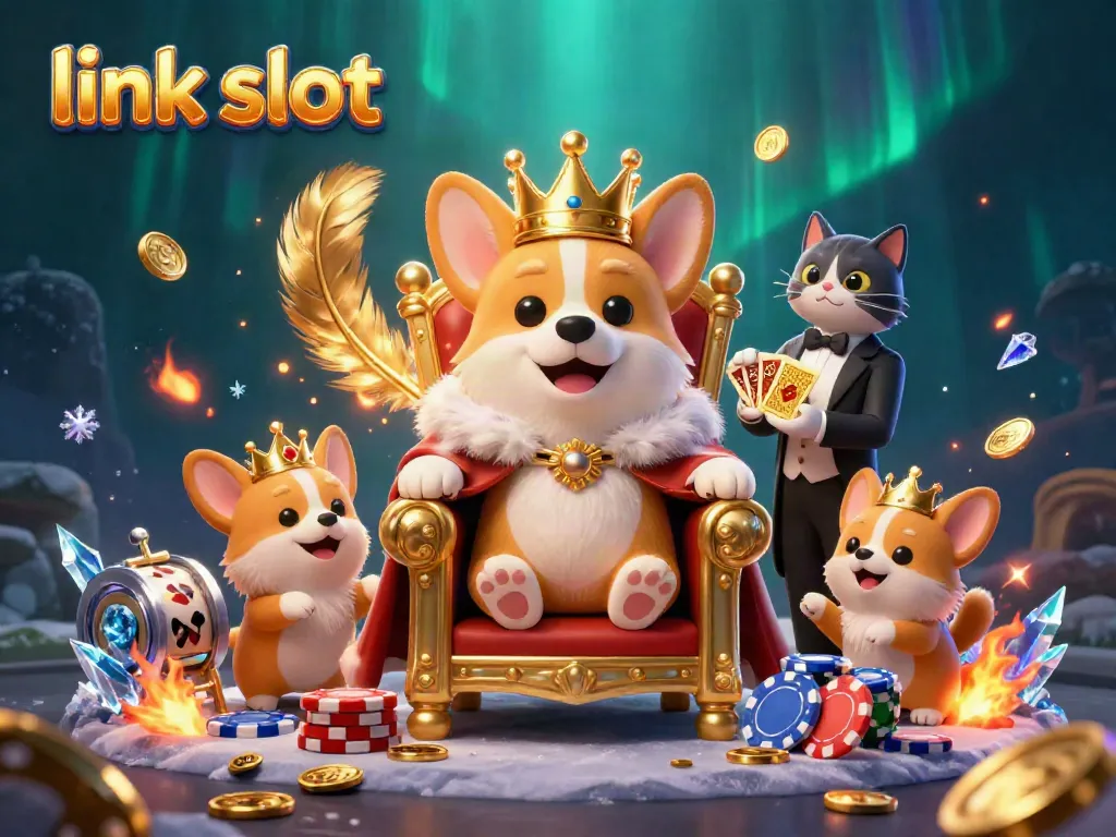 Experience exciting gameplay with link slot as a royal corgi presides over a vibrant casino scene.