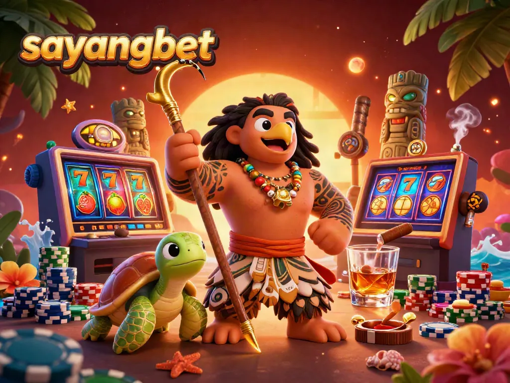 Experience thrilling gaming with sayangbet featuring a Polynesian demigod and a turtle amidst exciting slot machine action.