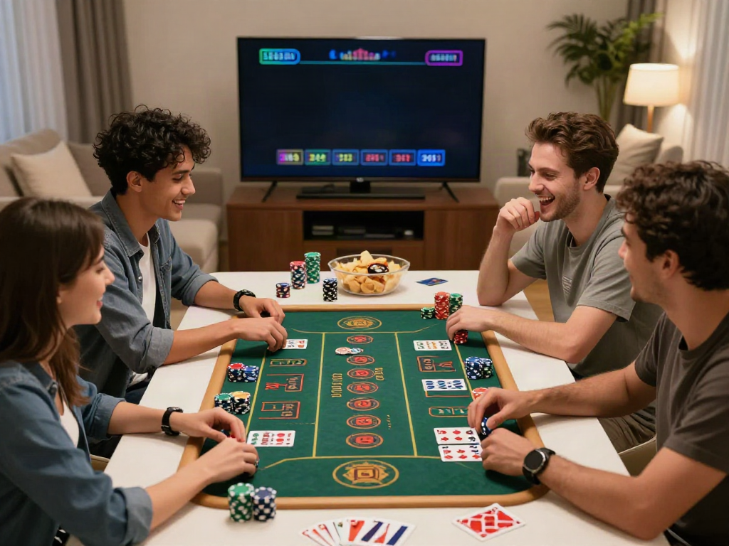 Joyful friends playing ahha4d casino games at home.