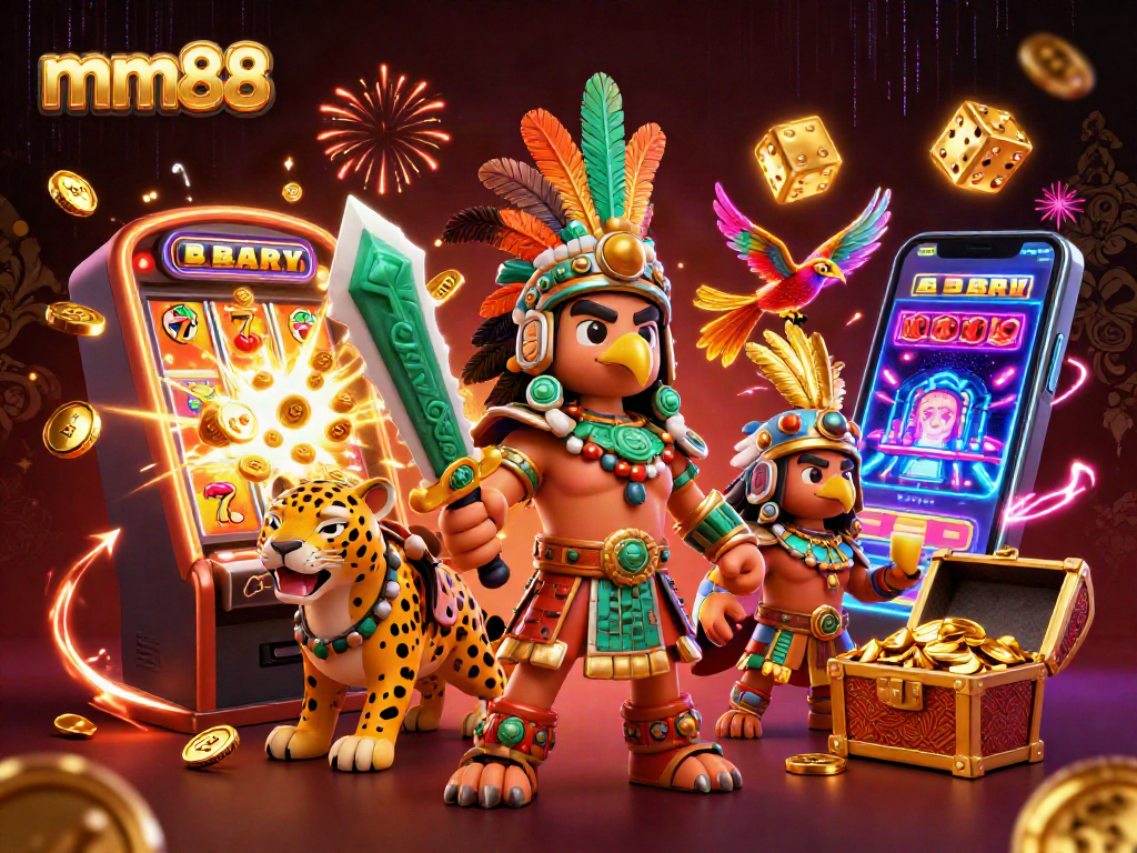 Spin jackpots with mm88 in this dynamic 3D casino scene featuring Aztec warriors and vibrant game elements.