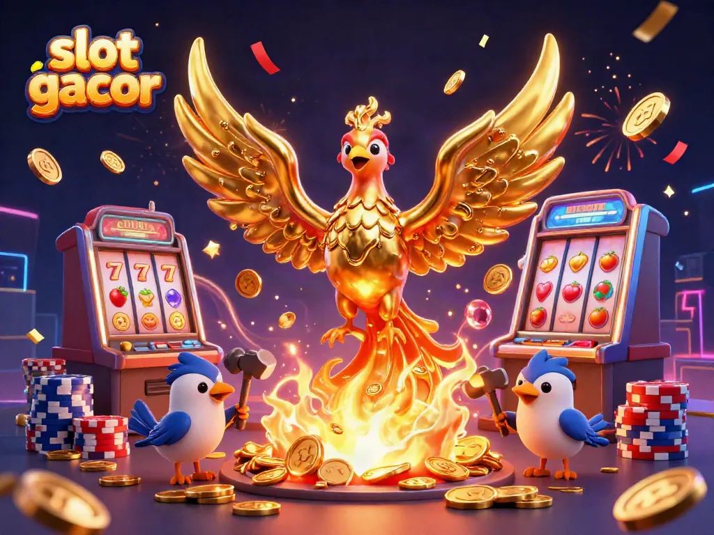 Engage in the excitement of slot gacor with a golden phoenix and dynamic casino elements in this vibrant illustration.