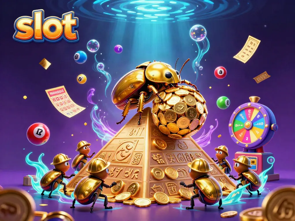 Experience thrilling slots with a golden dung beetle rolling coins amidst vibrant gambling elements.