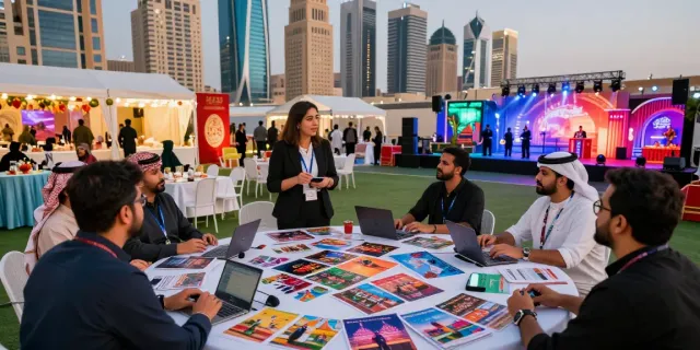 Event rentals showcased in a professional planning meeting amidst vibrant Saudi city, highlighting dynamic event setups.