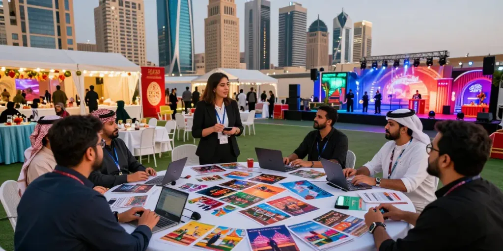 Event rentals showcased in a professional planning meeting amidst vibrant Saudi city, highlighting dynamic event setups.
