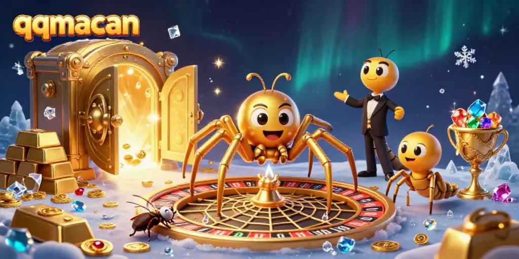 Experience thrilling gameplay with qqmacan featuring a golden spider and croupier in a vibrant casino scene.