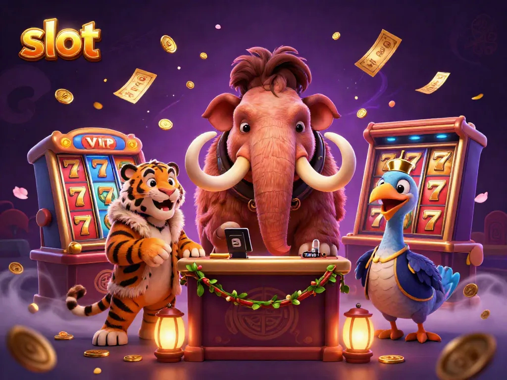 Experience thrilling slot gameplay with a cartoon mammoth bouncer, saber-tooth VIP, and slot reels bursting with colors.