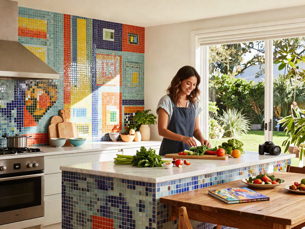 Mosaic tiles Sydney accentuating a vibrant home kitchen with a woman preparing fresh ingredients, showcasing stylish decor.