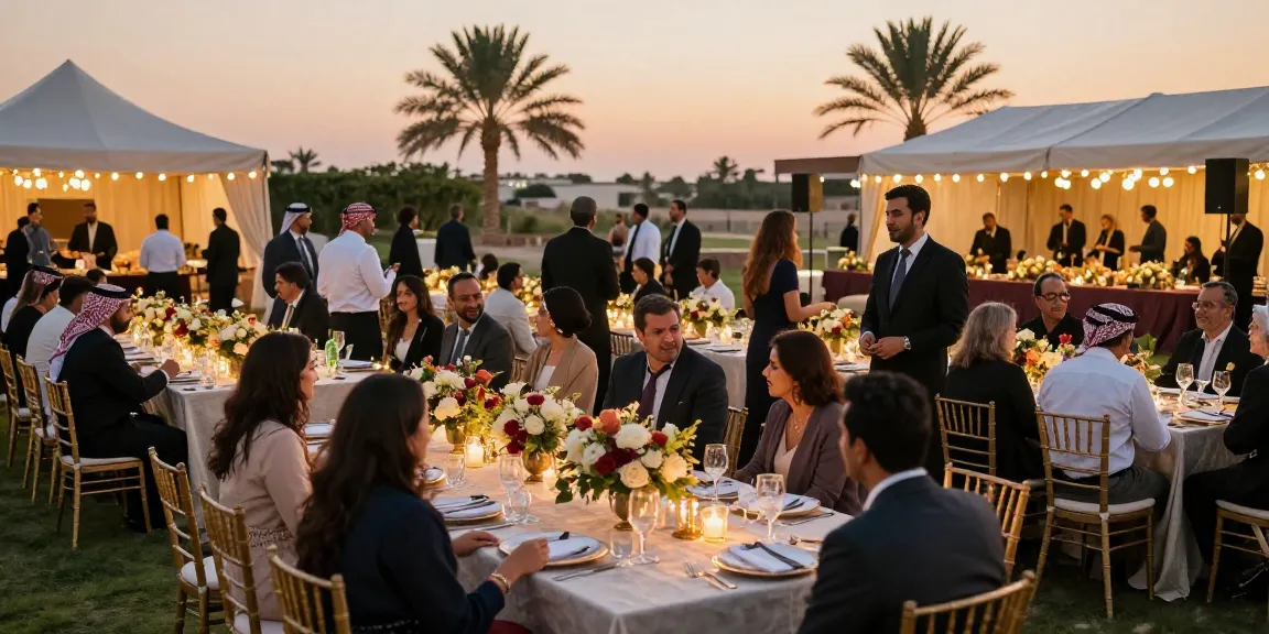 Event rentals enhancing a sophisticated outdoor reception in Saudi Arabia during sunset.