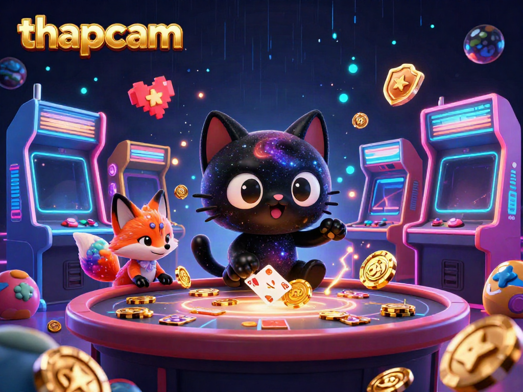 Thapcam presents a captivating cosmic casino scene with a black hole cat and nebula fox, pulling in golden chips.
