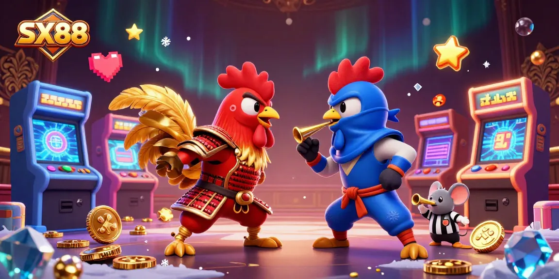 SX88 showcases a thrilling duel between cartoon fighting roosters, embodying the excitement of casino gaming.