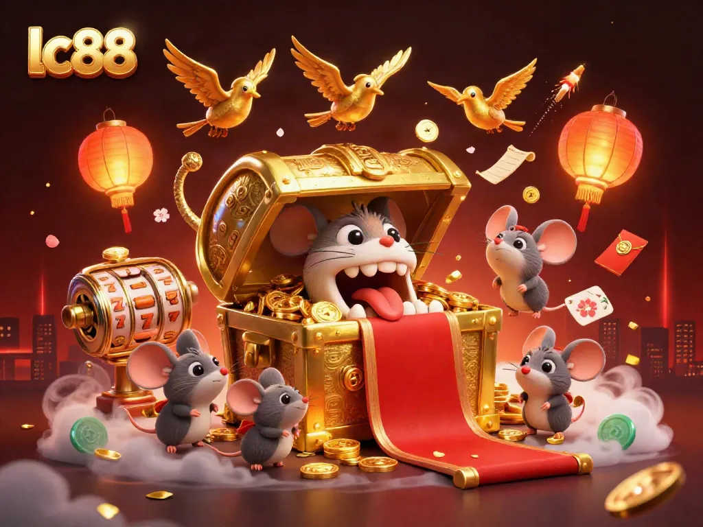 Spin the reels with lc88 in this vibrant casino illustration featuring a treasure chest and symbols of luck.