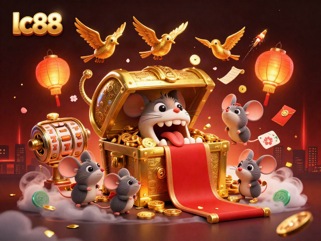 Spin the reels with lc88 in this vibrant casino illustration featuring a treasure chest and symbols of luck.