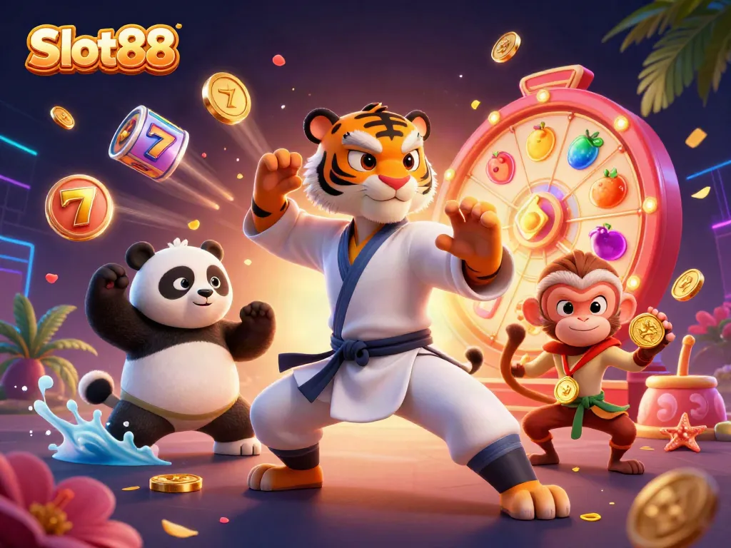 Engage with Slot88's vibrant slot reels and characters in this 3D casino illustration.