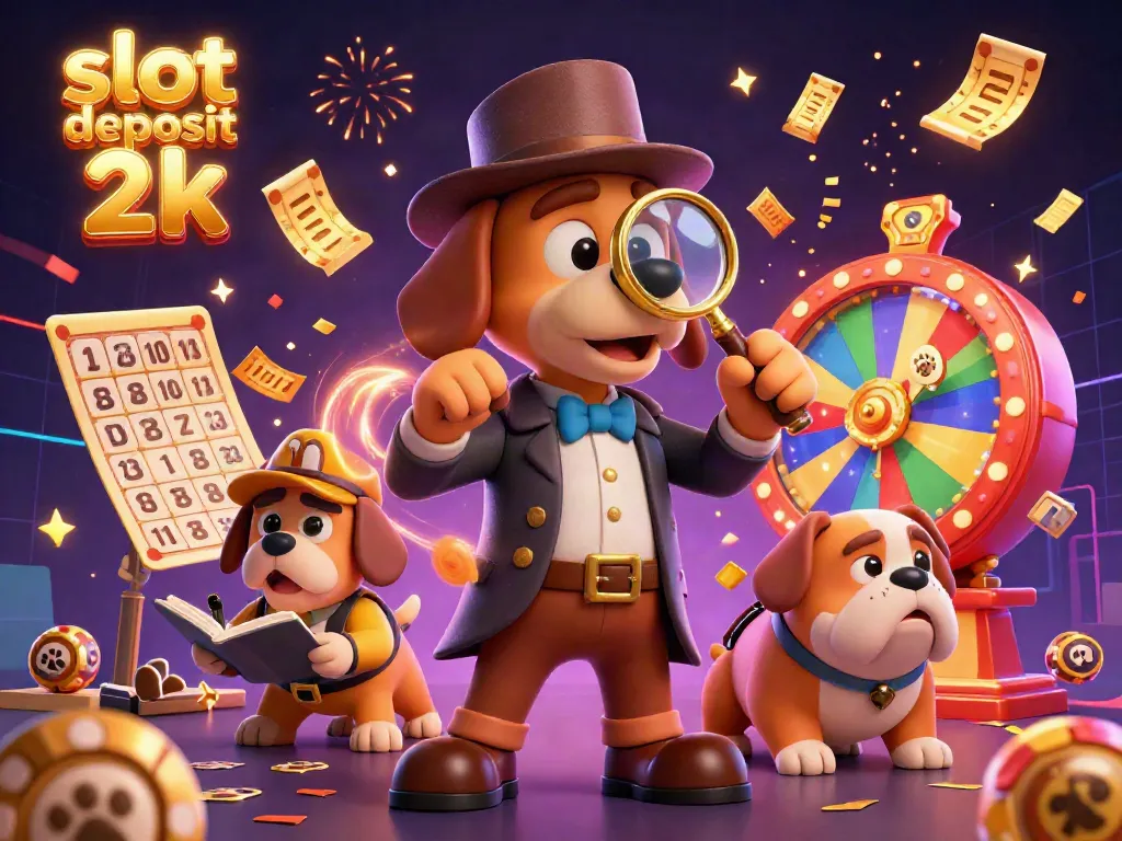 Engage with slot deposit 2k through a vibrant 3D depiction of a detective and his bulldog companion exploring casino treasures.