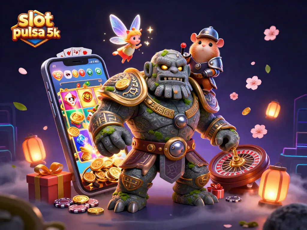 Play engaging slot pulsa 5k games with vivid slot reels and golden coins in a magical casino scene.