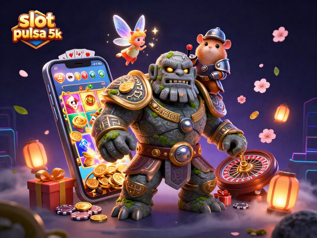 Play engaging slot pulsa 5k games with vivid slot reels and golden coins in a magical casino scene.