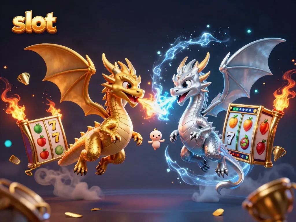 Mainkan slot dengan beragam simbol dan efek fantastis dari gambar naga berwarna emas dan perak.