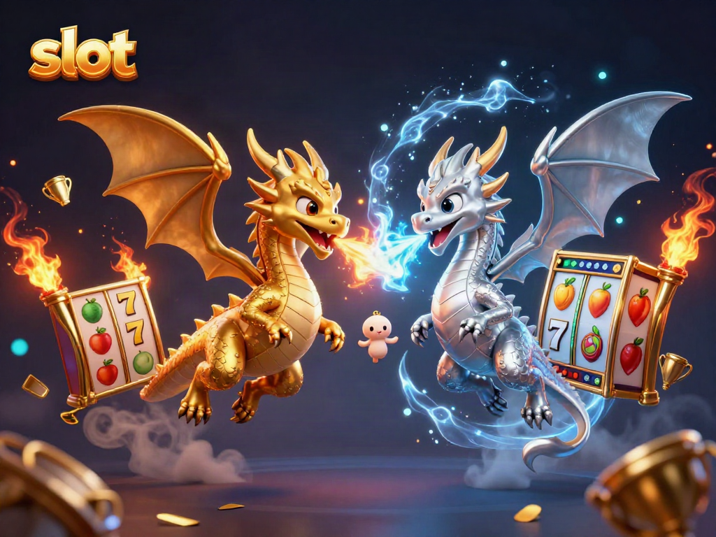 Mainkan slot dengan beragam simbol dan efek fantastis dari gambar naga berwarna emas dan perak.