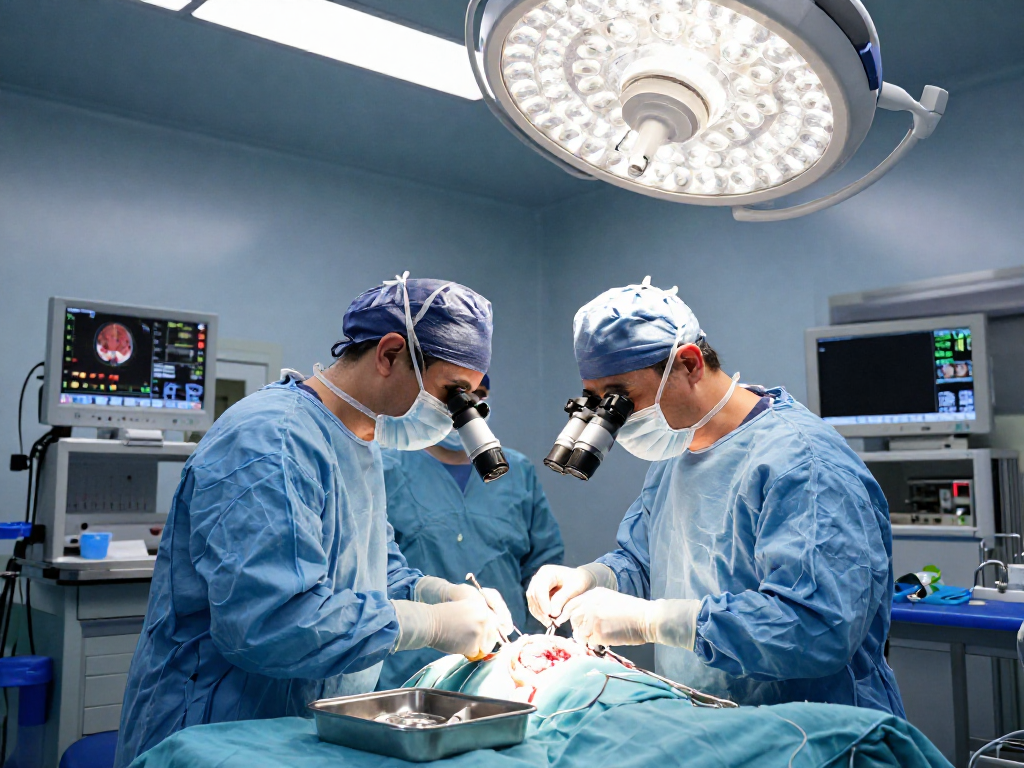 Brain tumor surgery scene showing a surgical team focused on beyin tümörü ameliyatı with advanced equipment in a sterile operating room.