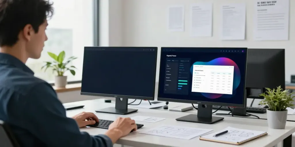 SEO expert analyzing metrics in a modern office, showcasing ai seo optimization services.