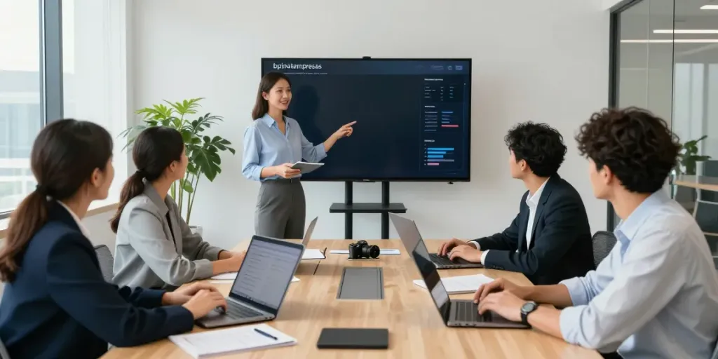 Team collaborating in a modern office discussing bpinetempresas strategy, showcasing digital analytics.