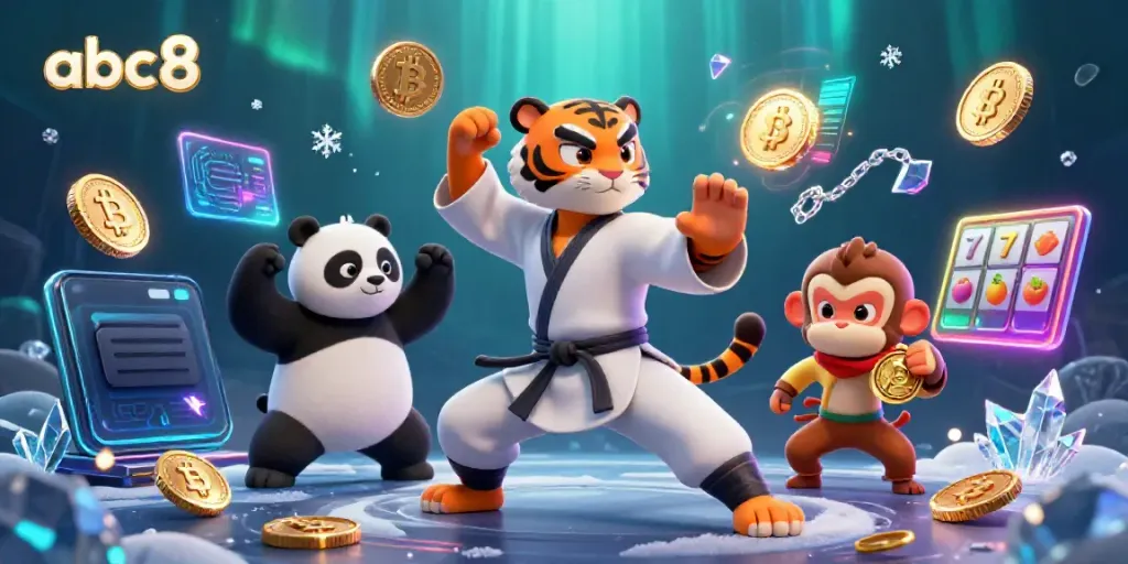 Experience the vibrant energy of abc8's casino world with a kung fu tiger master, while game elements surround him.