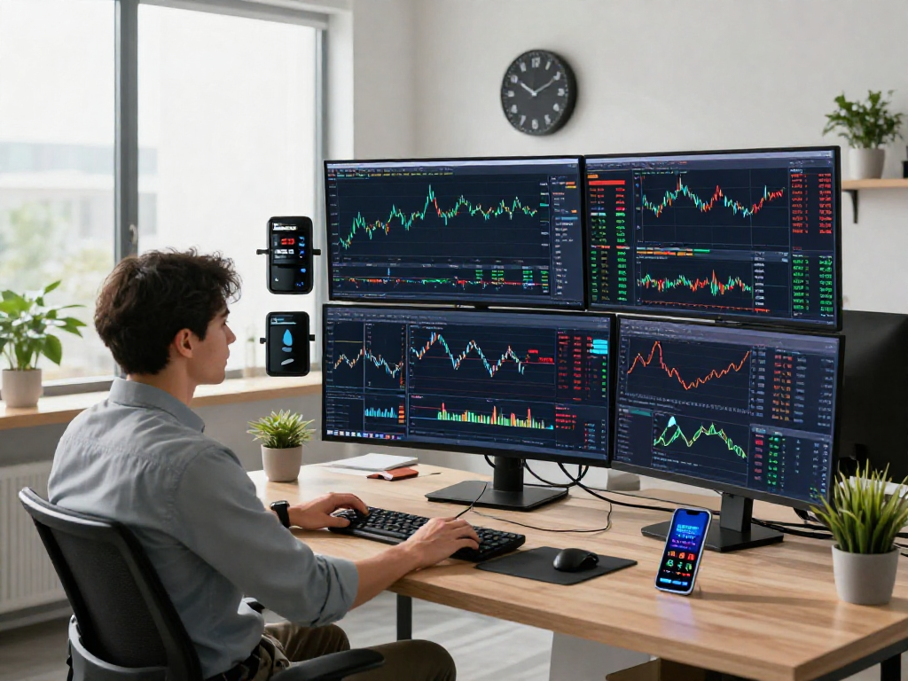 使用TradingView官网的交易者在现代办公室分析市场动态,充满活力的商业环境。