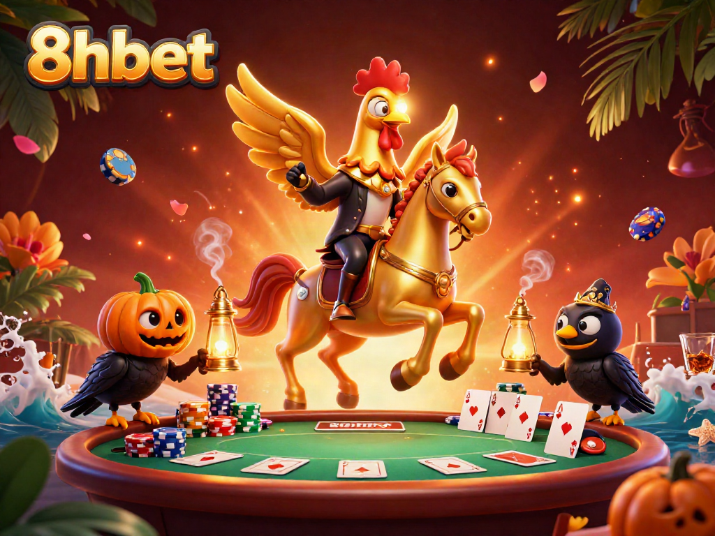 Experience thrilling 8xbet gaming with a golden rooster in a vibrant casino scene.
