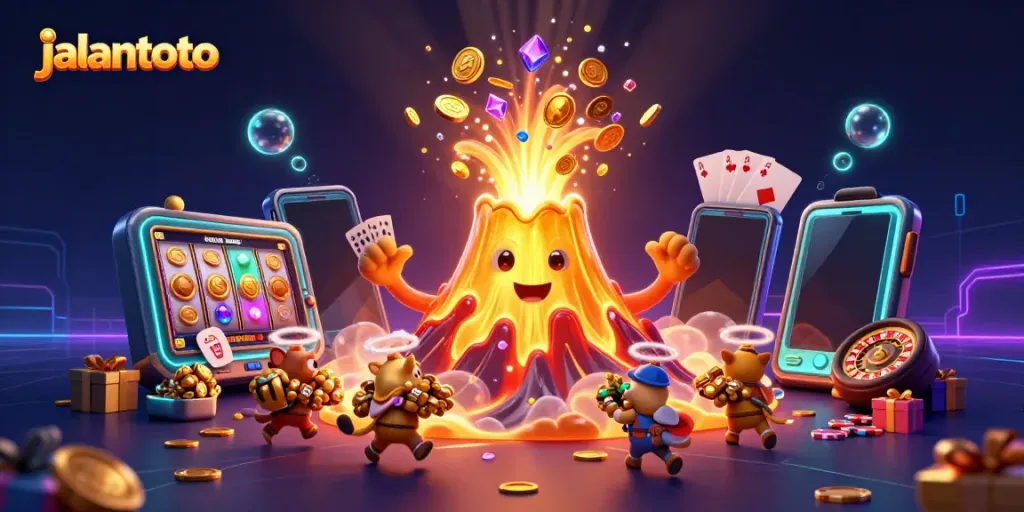 Menggali kekayaan dengan jalantoto, ilustrasi 3D kasino yang cerah dan menarik.