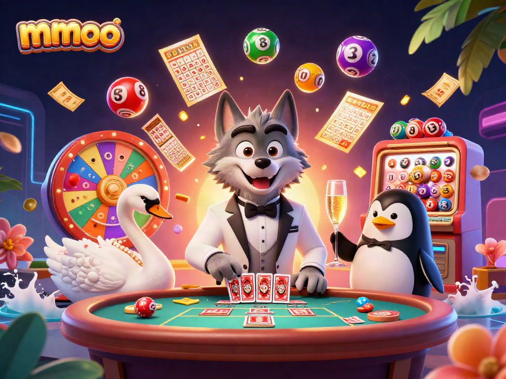 mmoo casino game scene featuring a sophisticated wolf, swan dealer, and penguin sommelier.