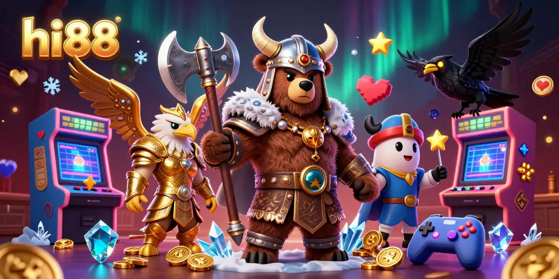 Experience hi88's exciting casino atmosphere with a vibrant Viking and Valkyrie scene packed with gaming elements.