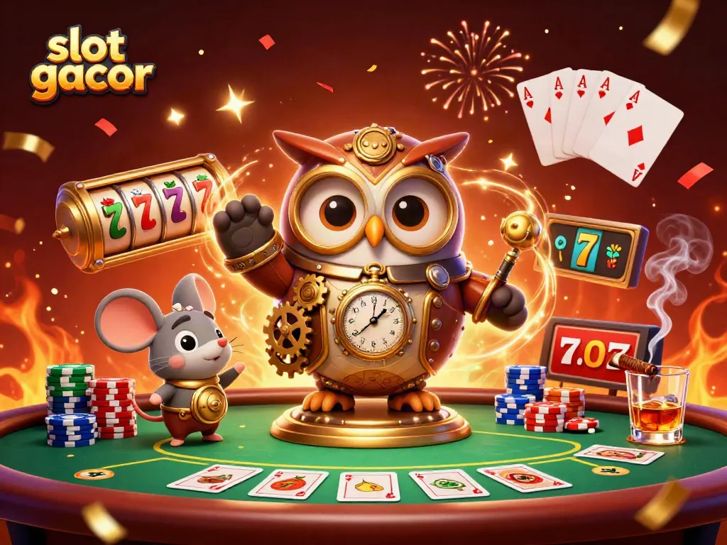 Permainan slot gacor dengan karakter burung hantu penjelajah waktu dan elemen kasino di sekitar suasana yang meriah.
