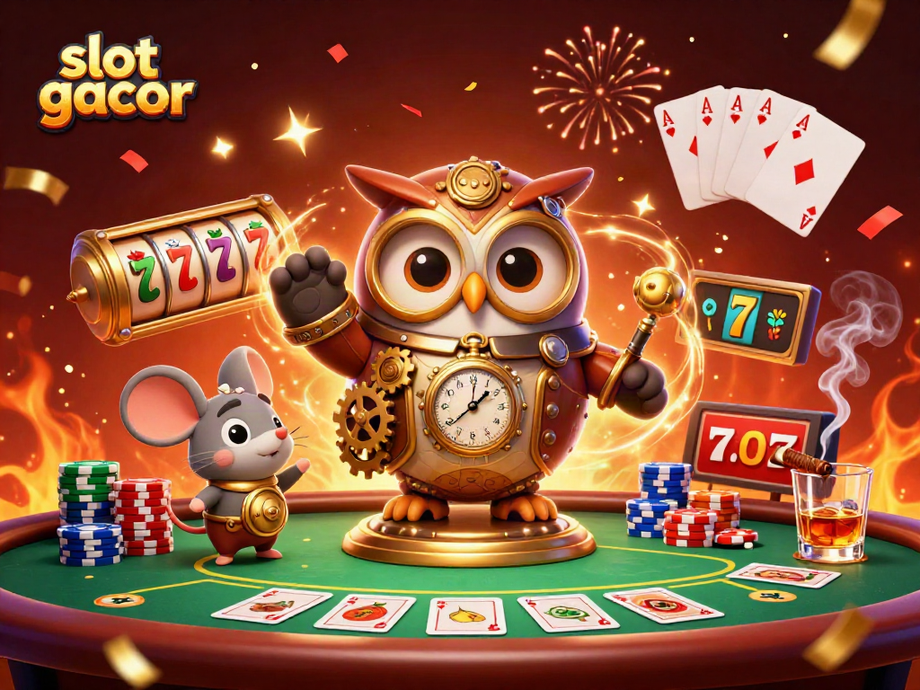 Permainan slot gacor dengan karakter burung hantu penjelajah waktu dan elemen kasino di sekitar suasana yang meriah.