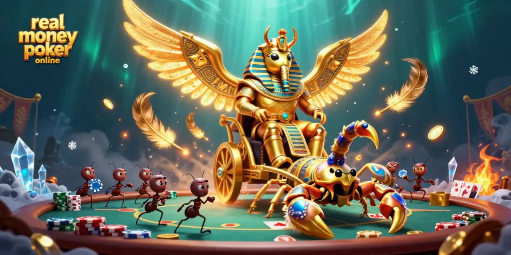 Engage in real money poker online with this vibrant 3D illustration featuring unique characters and poker elements.