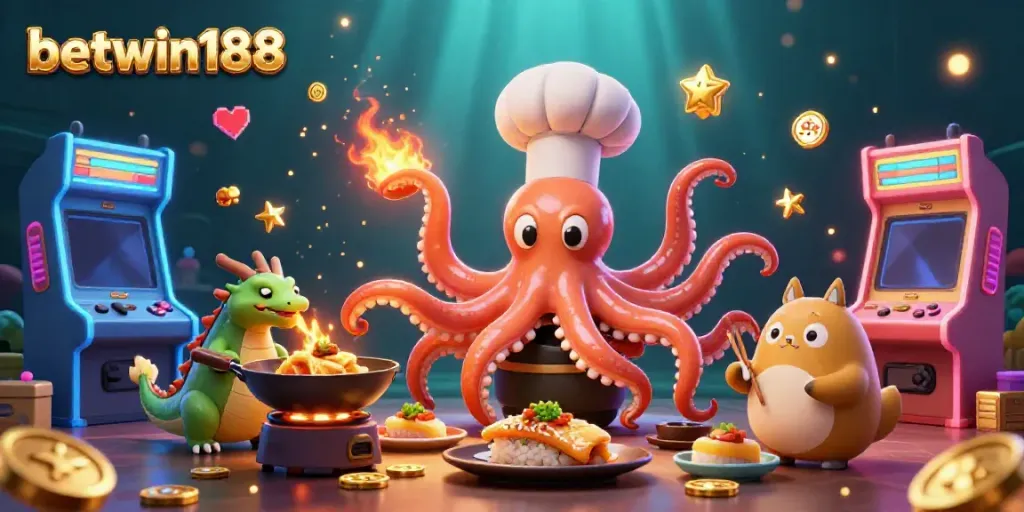 Memainkan permainan yang menarik di betwin188 dengan chef sushi, naga wasabi, dan pelanggan tanuki dalam suasana menghibur.