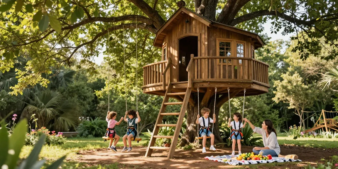 Family enjoying tree house life with swing building and picnic in nature.