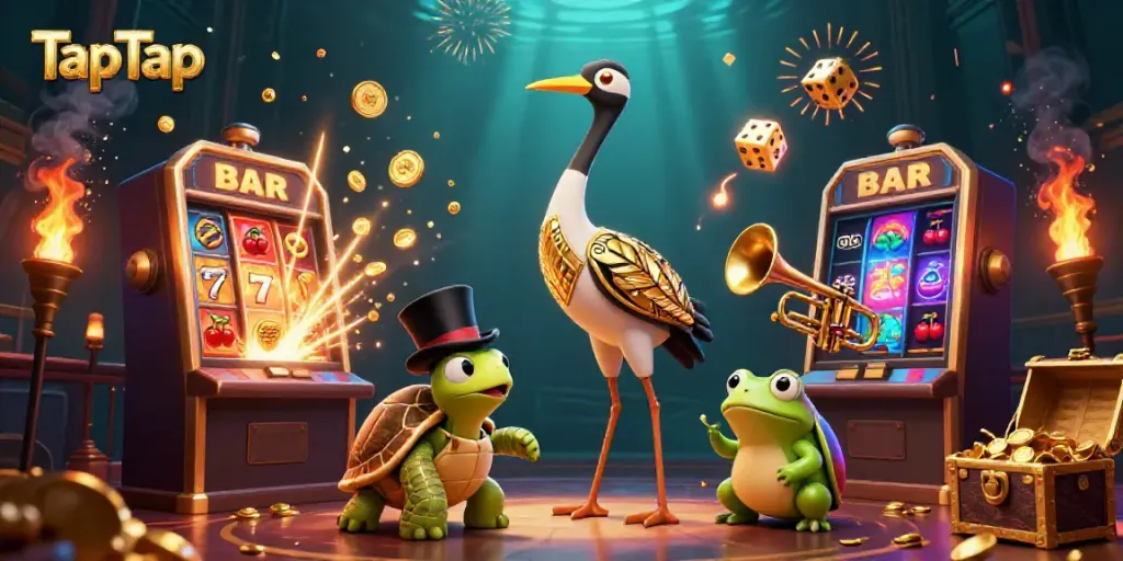 Experience the thrill of TapTap casino games with a vibrant scene featuring a 3D crane, turtle, and frog in action.