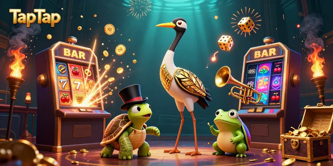 Experience the thrill of TapTap casino games with a vibrant scene featuring a 3D crane, turtle, and frog in action.