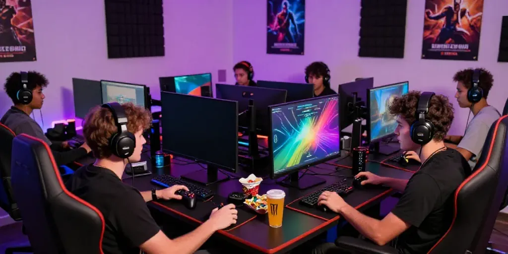 Engaging online gaming session with players enjoying ahha4d on colorful PCs and vibrant LED-lit room.
