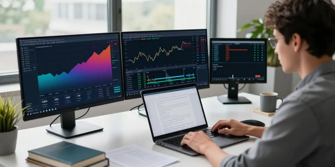 Trader using the MetaTrader 5 platform in a modern workspace with multiple screens displaying financial analysis.