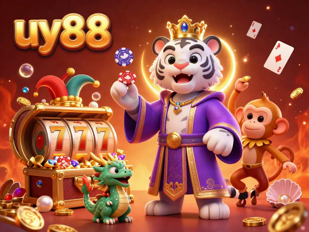 Experience high-energy gambling fun with uy88 featuring a charismatic tiger, monkey, and dragon in a casino.