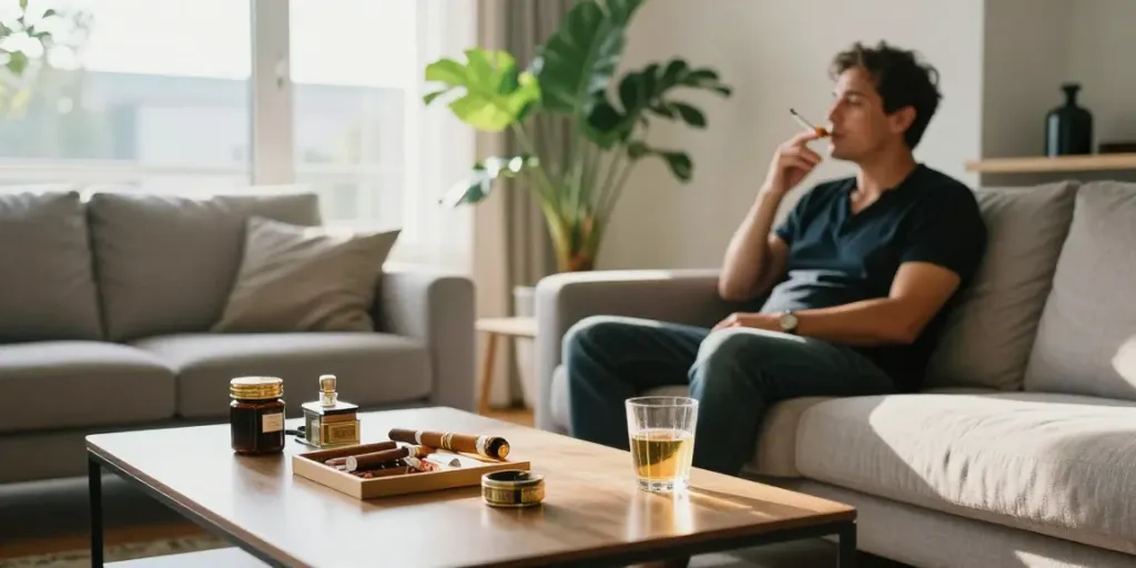 Enjoying a premium tobacco cigarette while relaxing in a stylish living room, showcasing wholesale cigarette online quality.